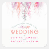 水彩つる植物コーラルピンク結婚式用シール スクエアシール (正面)