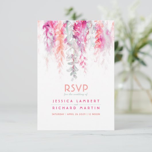 水彩つる植物サンゴオレンジピンクグリーン結婚ズ 出欠カード (スタンド正面)