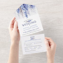 水彩つる植物ダークブルー灰色の冬の結婚式RSVP オールインワン招待状