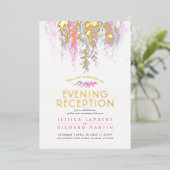 水彩つる植物パープルピンク夕べ披露宴 箔招待状 (立ち正面)