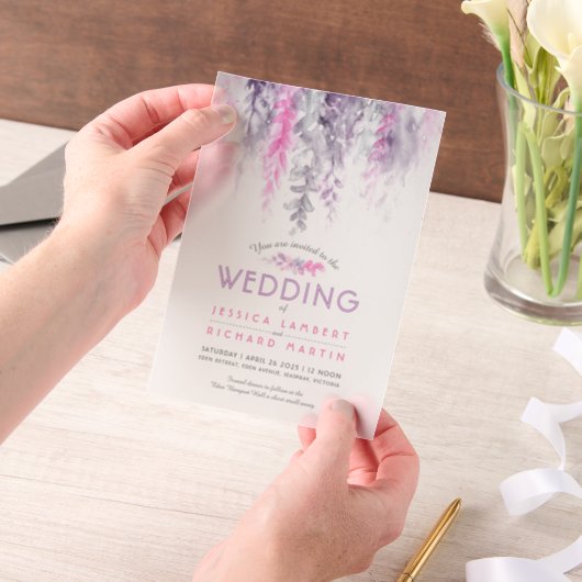 水彩つる植物ピンク紫グレー結婚ズ ベラム紙招待状 (ポータブル)