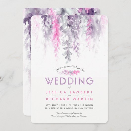 水彩つる植物ピンク紫グレー結婚ズ 招待状 (正面/裏面)