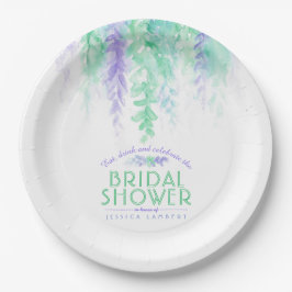 水彩つる植物フローラグリーンパープルブライダルシャワー ペーパープレート