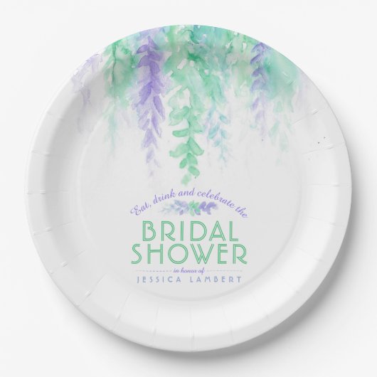 水彩つる植物フローラグリーンパープルブライダルシャワー ペーパープレート (正面)
