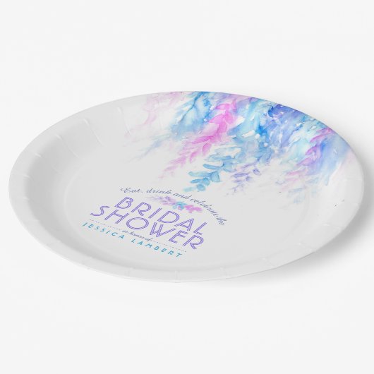 水彩つる植物フローラブルーパープルブライダルシャワー ペーパープレート (アングル)