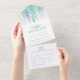 水彩つる植物ブルーグリーンミールRSVP オールインワン招待状