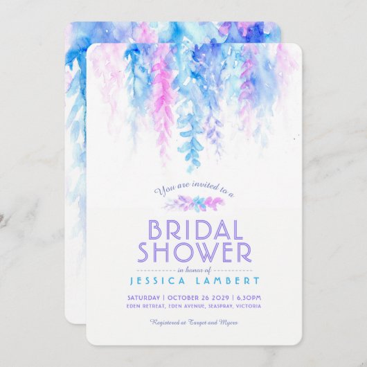 水彩つる植物ブルーパープルブライダルシャワー招待状 招待状 (正面/裏面)