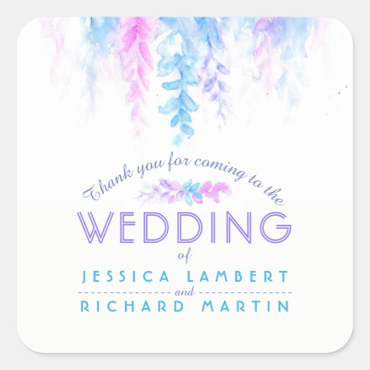 水彩つる植物ブルーパープル結婚式用シール スクエアシール (正面)
