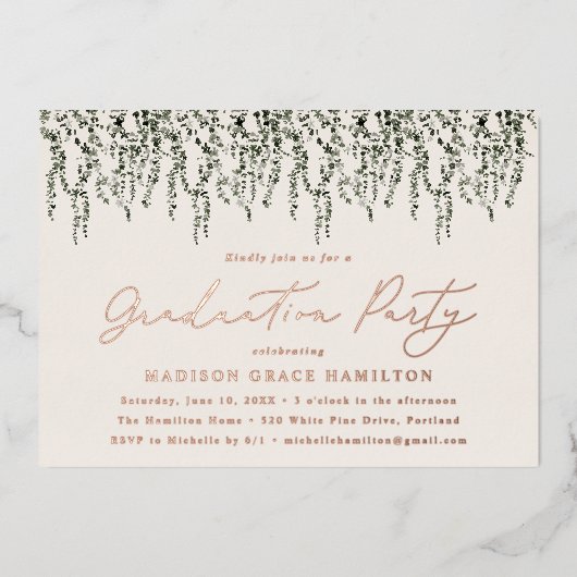 水彩つる植物卒業パーティー 箔招待状 (正面)