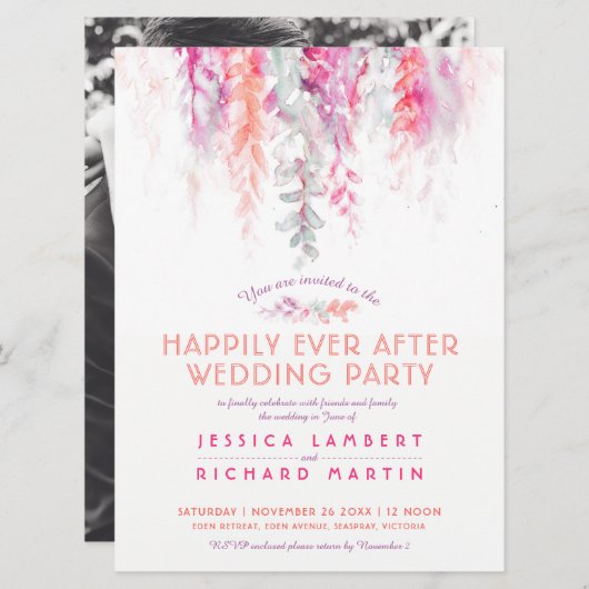 水彩つる植物珊瑚写真パーティー後 招待状 (正面/裏面)