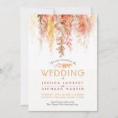 水彩つる植物茶色オレンジ赤秋の結婚式 招待状 (正面)