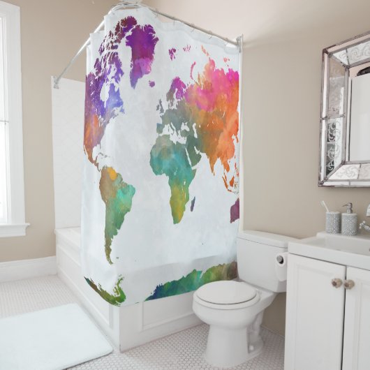 水彩でのワールドマップ シャワーカーテン (インサイチュ)