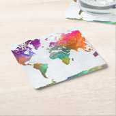 水彩でのワールドマップ スクエアペーパーコースター (アングル)
