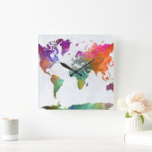 水彩でのワールドマップ スクエア壁時計 (ホーム)
