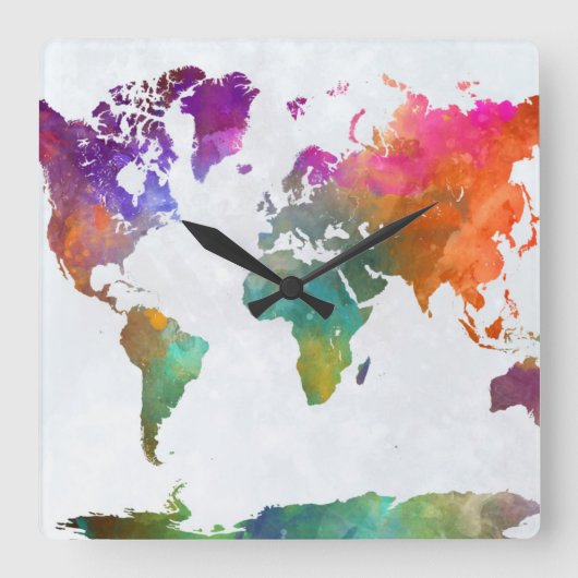 水彩でのワールドマップ スクエア壁時計 (正面)