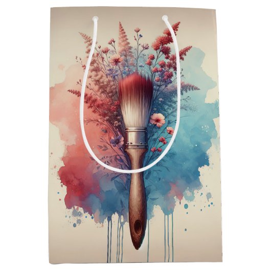 水彩で滴るペイントブラシの花束 ミディアムペーパーバッグ (正面)