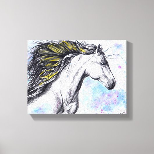 水彩とインクで描いた奔馬の馬の絵 キャンバスプリント (正面)