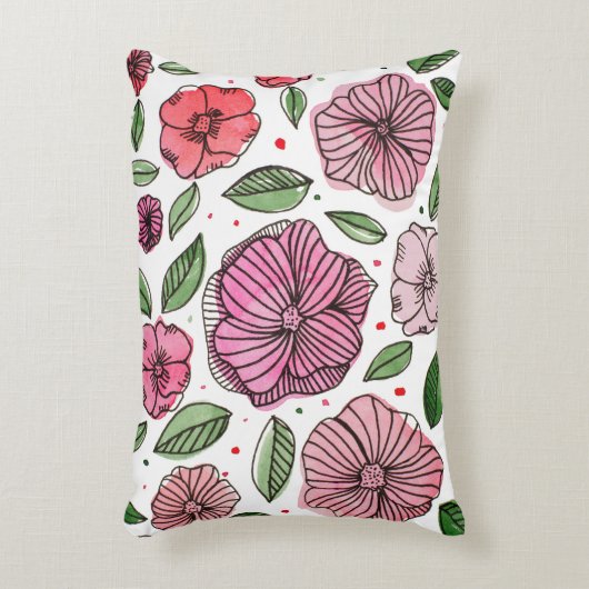 水彩とインクの花 – ピンクと緑 アクセントクッション (正面(垂直))