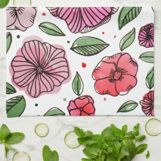 水彩とインクの花 – ピンクと緑 キッチンタオル (折り畳み)