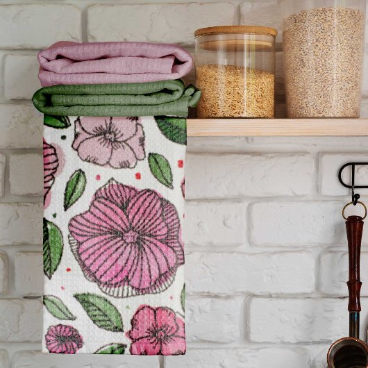 水彩とインクの花 – ピンクと緑 キッチンタオル