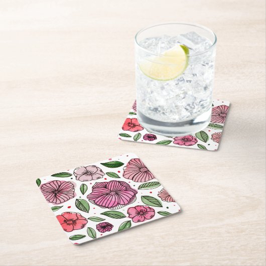 水彩とインクの花 – ピンクと緑 スクエアペーパーコースター (インサイチュ)