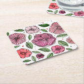水彩とインクの花 – ピンクと緑 スクエアペーパーコースター (アングル)