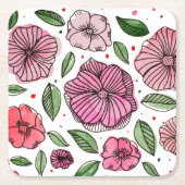 水彩とインクの花 – ピンクと緑 スクエアペーパーコースター (正面)