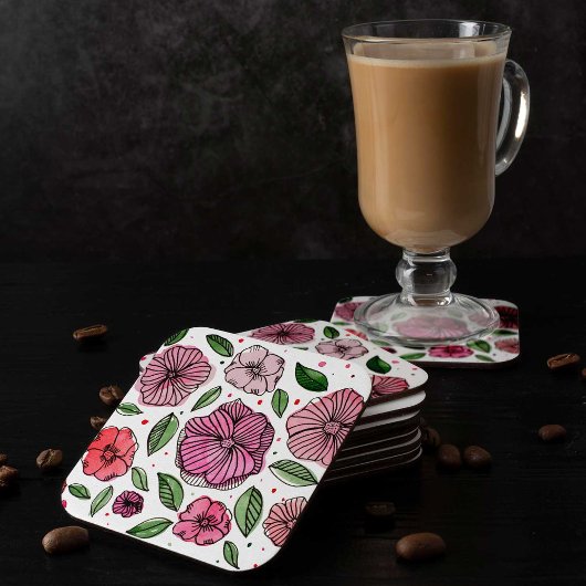 水彩とインクの花 – ピンクと緑 スクエアペーパーコースター