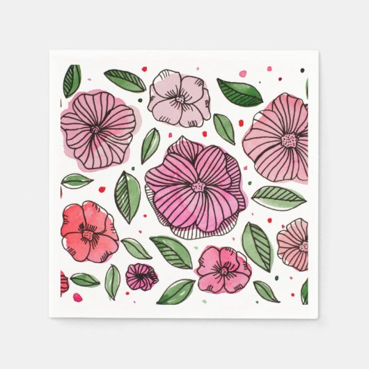 水彩とインクの花 – ピンクと緑 スタンダードカクテルナプキン (正面)