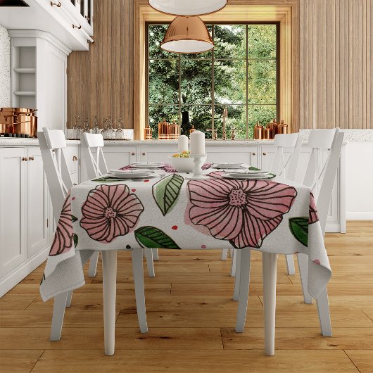 水彩とインクの花 – ピンクと緑 テーブルクロス