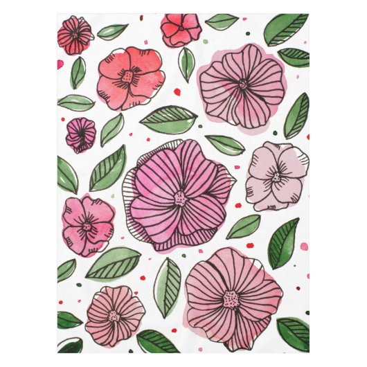 水彩とインクの花 – ピンクと緑 テーブルクロス (正面)