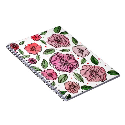 水彩とインクの花 – ピンクと緑 ノートブック (右側)