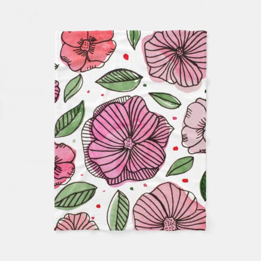 水彩とインクの花 – ピンクと緑 フリースブランケット (正面)