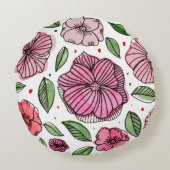 水彩とインクの花 – ピンクと緑 ラウンドクッション (裏面)