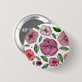水彩とインクの花 – ピンクと緑 缶バッジ (正面&裏面)