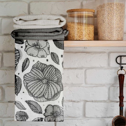 水彩とインクの花 – 白黒 キッチンタオル