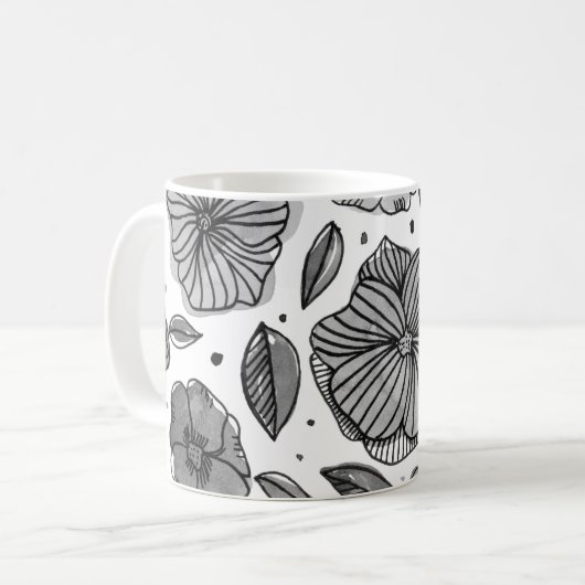 水彩とインクの花 – 白黒 コーヒーマグカップ (正面左)