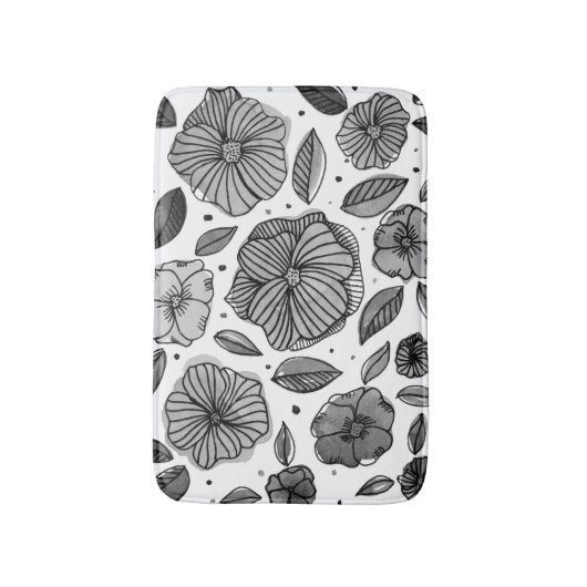 水彩とインクの花 – 白黒 バスマット (正面縦)