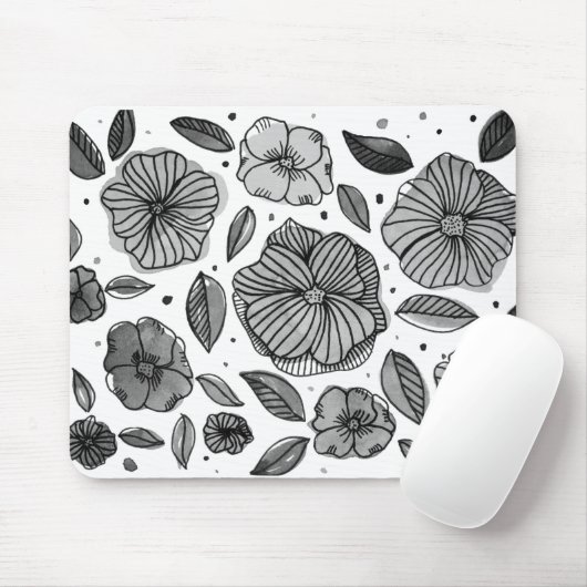 水彩とインクの花 – 白黒 マウスパッド (マウス)