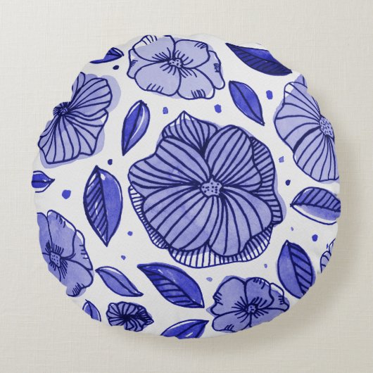 水彩とインクフラワー – 青パレット ラウンドクッション (正面)