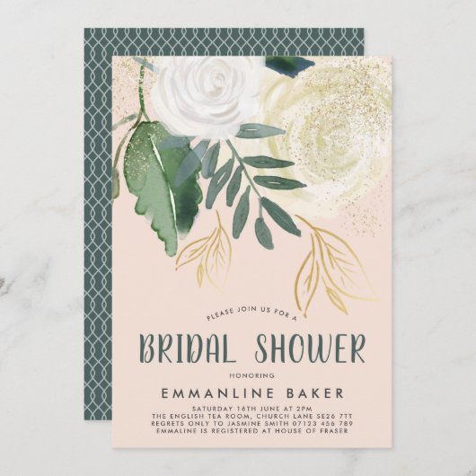 水彩とグリッターバラブライダルシャワー 招待状 (正面/裏面)