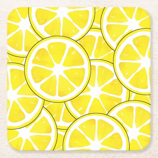 水彩とペンレモンスライス スクエアペーパーコースター (正面)