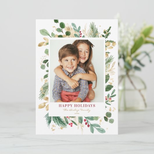 水彩とホイルフェイク冬の緑の写真 シーズンカード (スタンド正面)