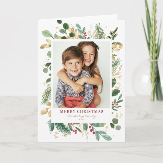 水彩とホイル冬の緑の写真クリスマス シーズンカード (正面)