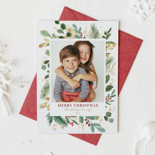 水彩とホイル冬の緑の写真クリスマス シーズンカード