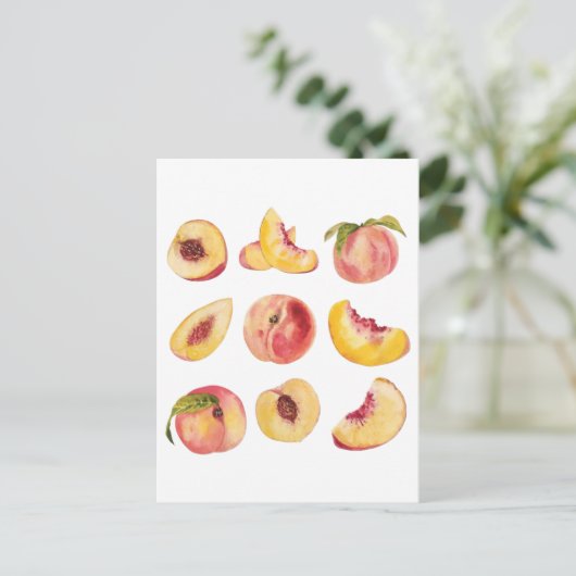 水彩と新鮮カラフルな桃のスライス ポストカード (スタンド正面)