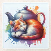 水彩ねこティーポット ガラスコースター (正面)