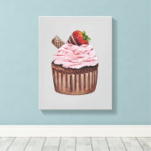 水彩のかわいいイチゴのカップケーキ  キャンバスプリント (インサイチュ (ウッドフロア))