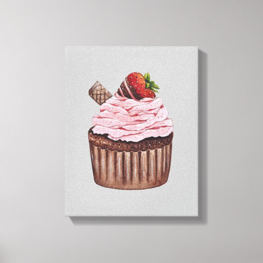 水彩のかわいいイチゴのカップケーキ  キャンバスプリント (正面)