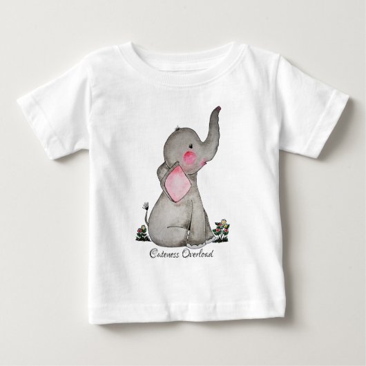 水彩のかわいい赤ちゃん象にほっそり & 花 ベビーTシャツ (正面)